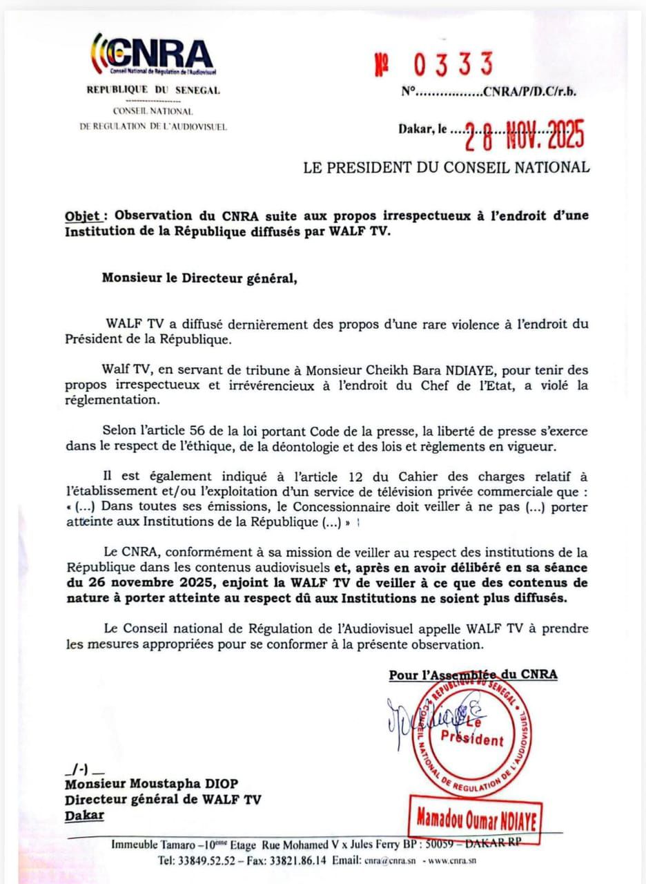 Propos jugés irrespectueux de Cheikh Bara Ndiaye : le CNRA recadre sévèrement WALF TV