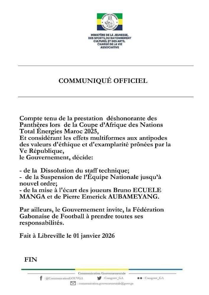 CAN 2025 : le Gabon suspend son équipe nationale et dissout le staff technique après une prestation jugée « déshonorante »