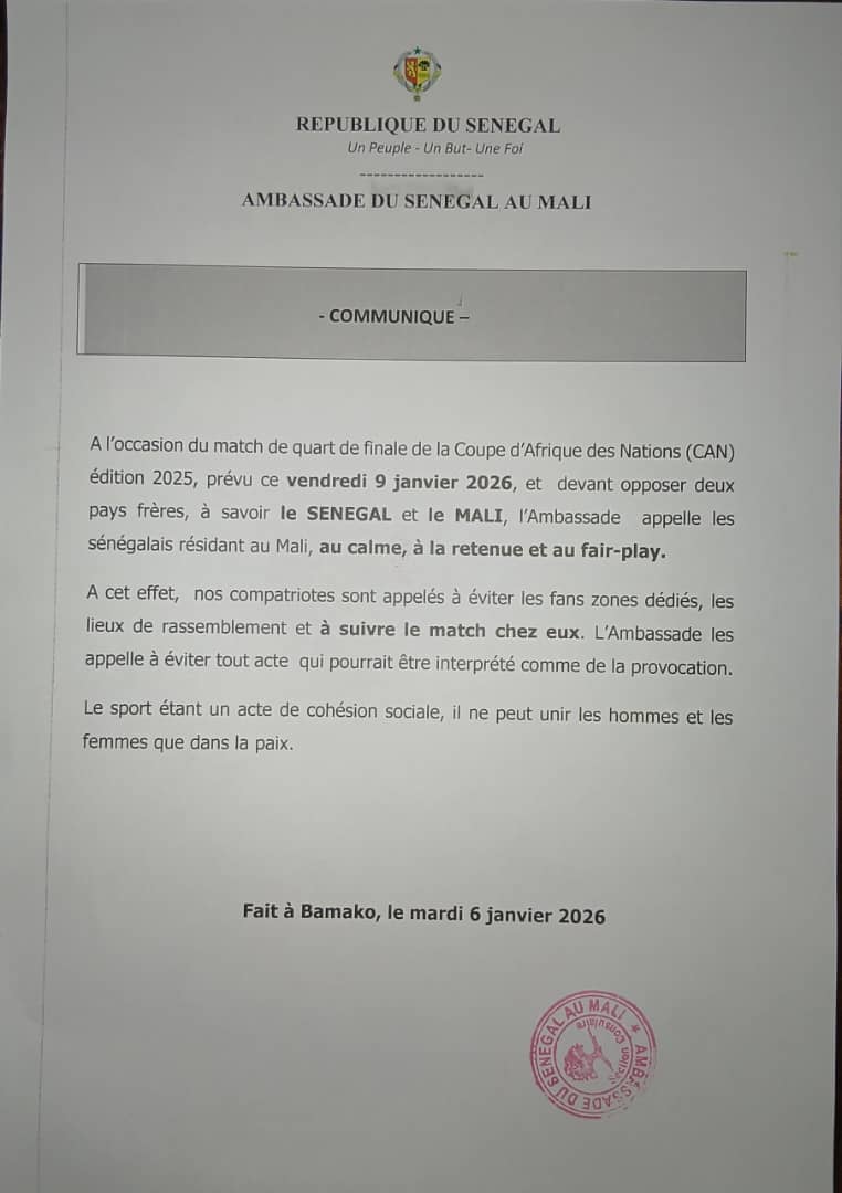 Match Sénégal-Mali : l’Ambassade du Sénégal à Bamako appelle au calme et au fair-play