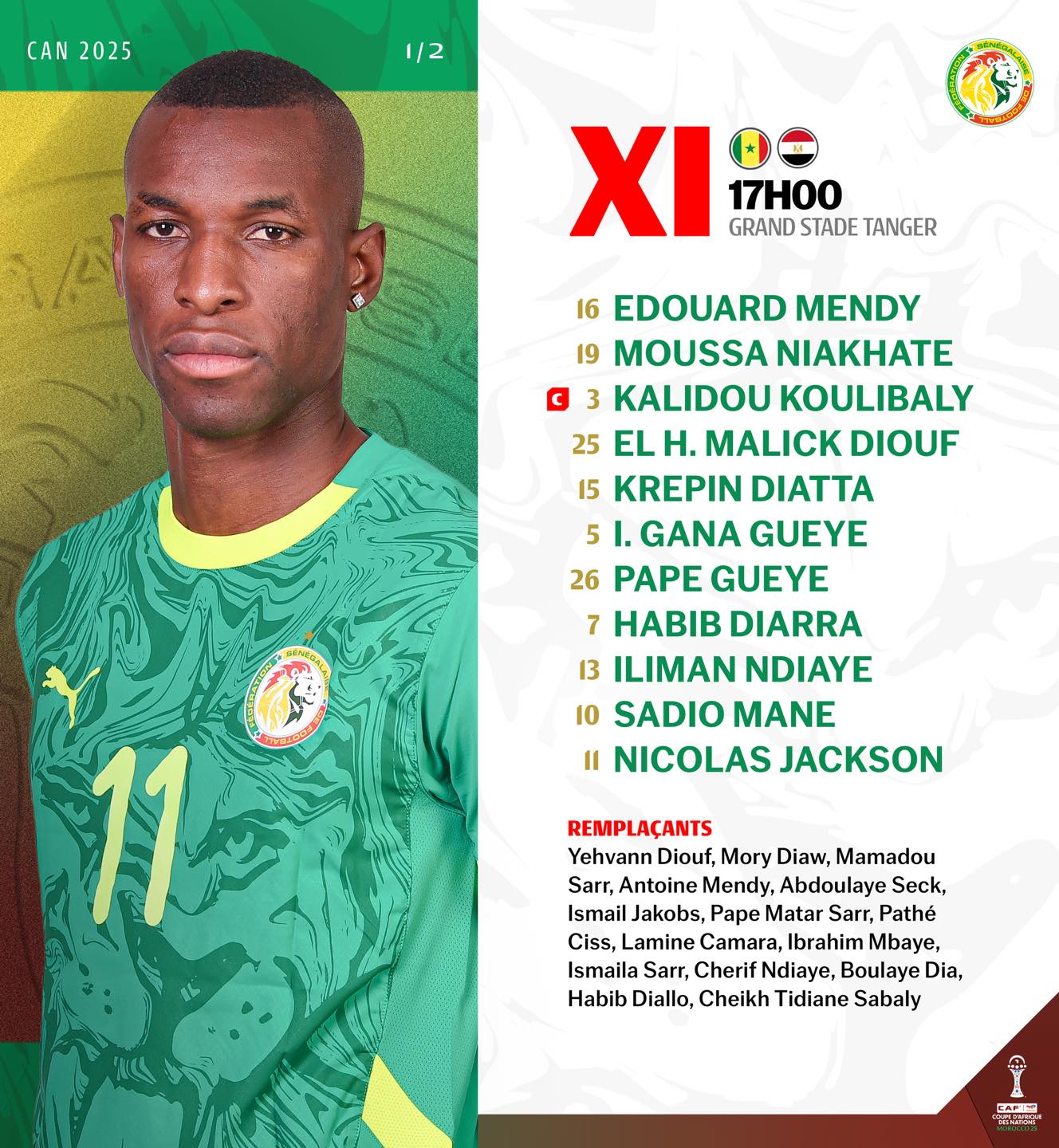 1/2 Finale-CAN 2025 : le Sénégal dévoile son onze de départ face à l’Égypte