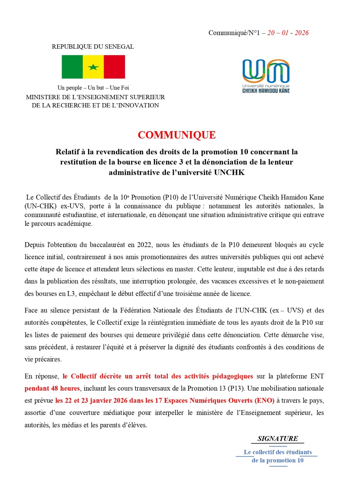 Tensions à l'UVS : Les étudiants de la promotion 10 décrétent un arrêt total des activités pédagogiques, sur la plate-forme ENT pendant 48 heures