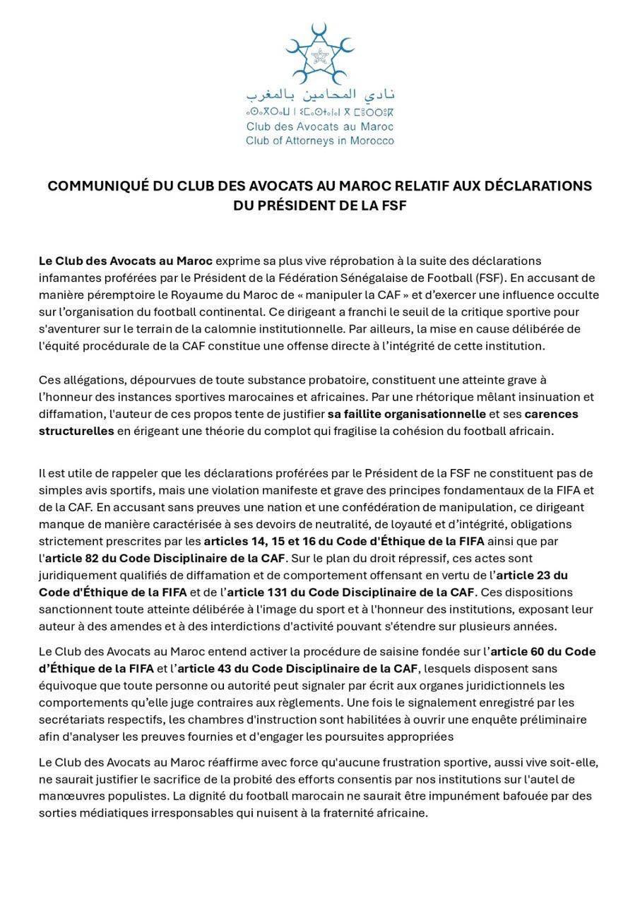 « Manipulation dénoncée de la CAF » : Le Club des Avocats du Maroc poursuit la Fédération Sénégalaise de Football (FSF) en justice