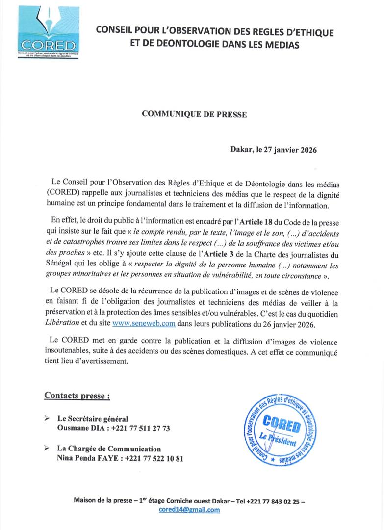 Diffusion d’images de violence : le CORED rappelle au respect de la dignité humaine et met en garde les médias