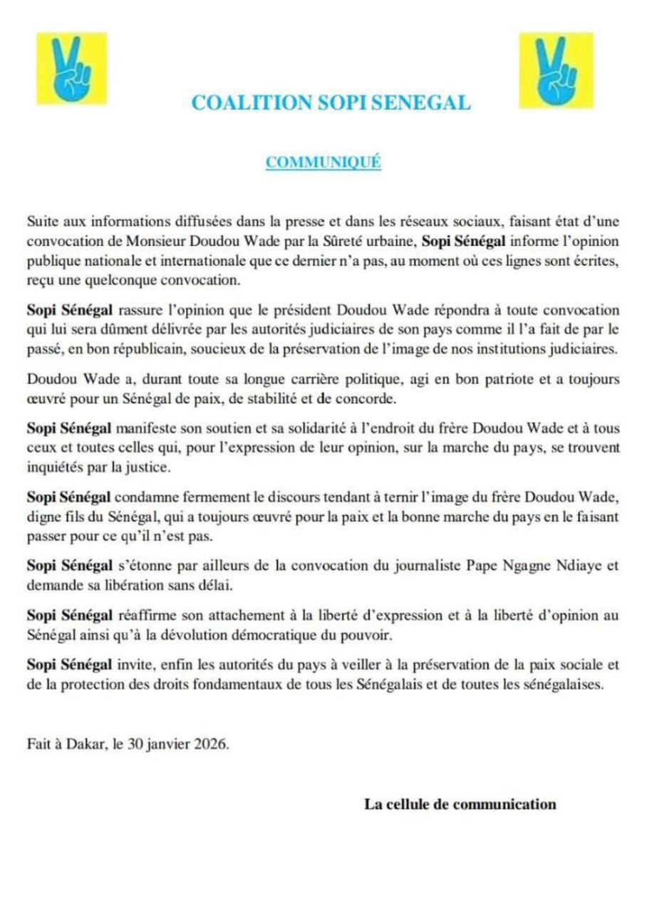 Convocation annoncée de Doudou Wade : Sopi Sénégal dément et dénonce une manipulation