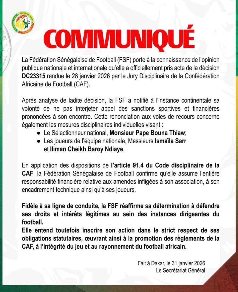 Sanctions des Joueurs après la CAN : La Fédération sénégalaise tourne la page et assume les décisions de la CAF
