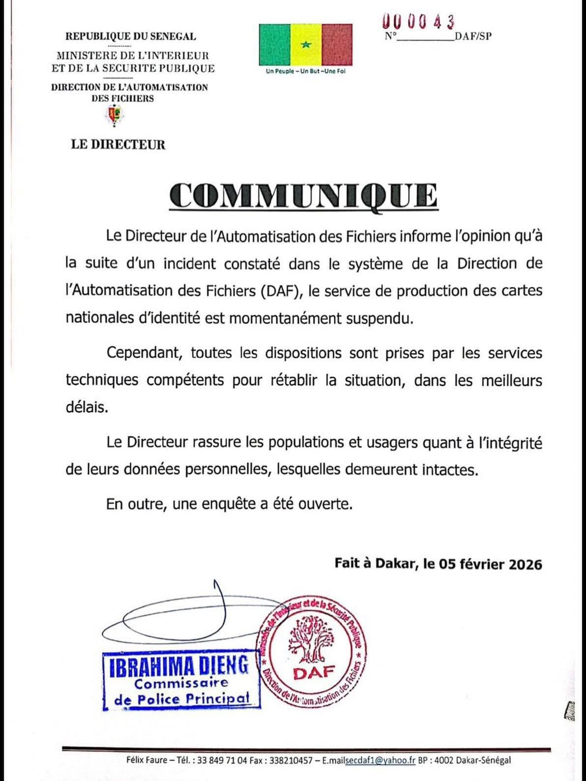 Cyberattaque à la DAF : production des cartes d’identité suspendue, la DAF tente de rassurer sur l’intégrité des données...une enquête ouverte