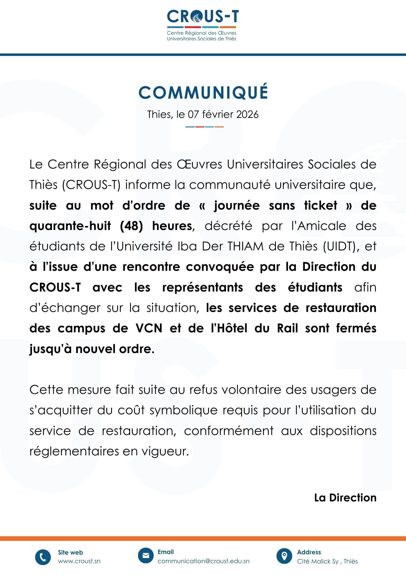 Université Iba Der Thiam de Thiès : Le CROUS/ T annonce la fermeture des services de restauration