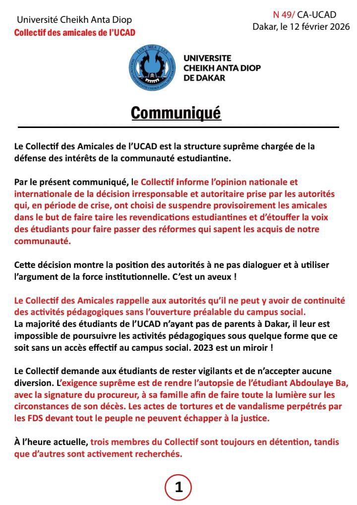 UCAD- Suspension des amicales : le Collectif des Amicales dénonce une “décision autoritaire”, une “tentative d’étouffement” et exige vérité et justice… l’UCAD au bord d’une nouvelle crise majeure