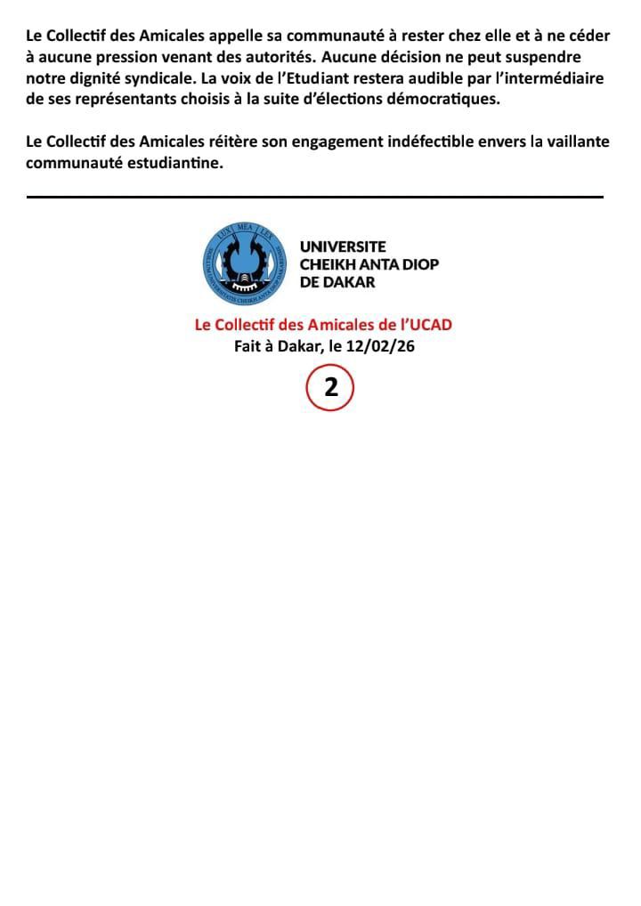 UCAD- Suspension des amicales : le Collectif des Amicales dénonce une “décision autoritaire”, une “tentative d’étouffement” et exige vérité et justice… l’UCAD au bord d’une nouvelle crise majeure