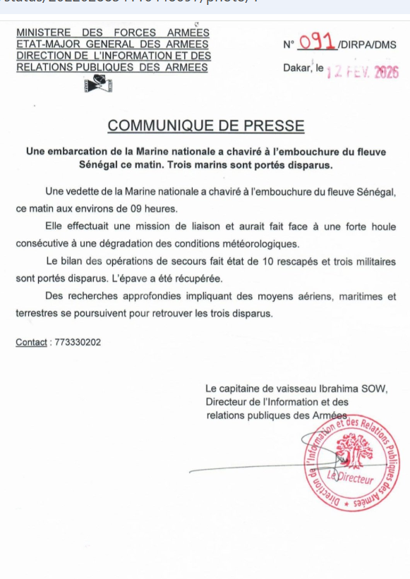 Embouchure du fleuve Sénégal  : une vedette de la Marine nationale chavire, trois marins portés disparus (Dirpa)