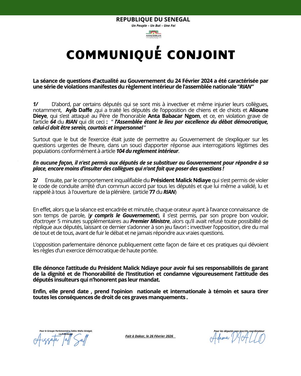 Assemblée nationale : l’opposition parlementaire dénonce des violations graves du règlement intérieur lors de la séance de questions au gouvernement