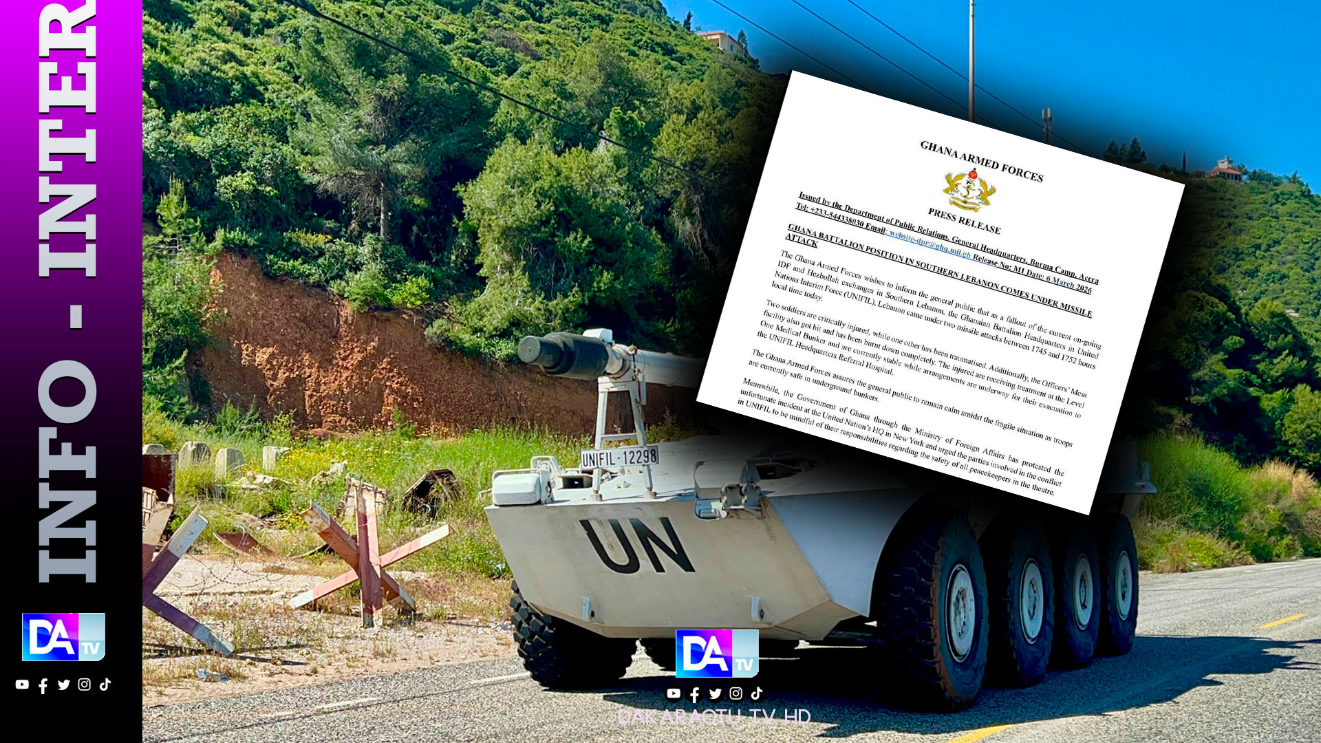 Liban Sud – Le contingent ghanéen de l'ONU touché par des tirs de missiles