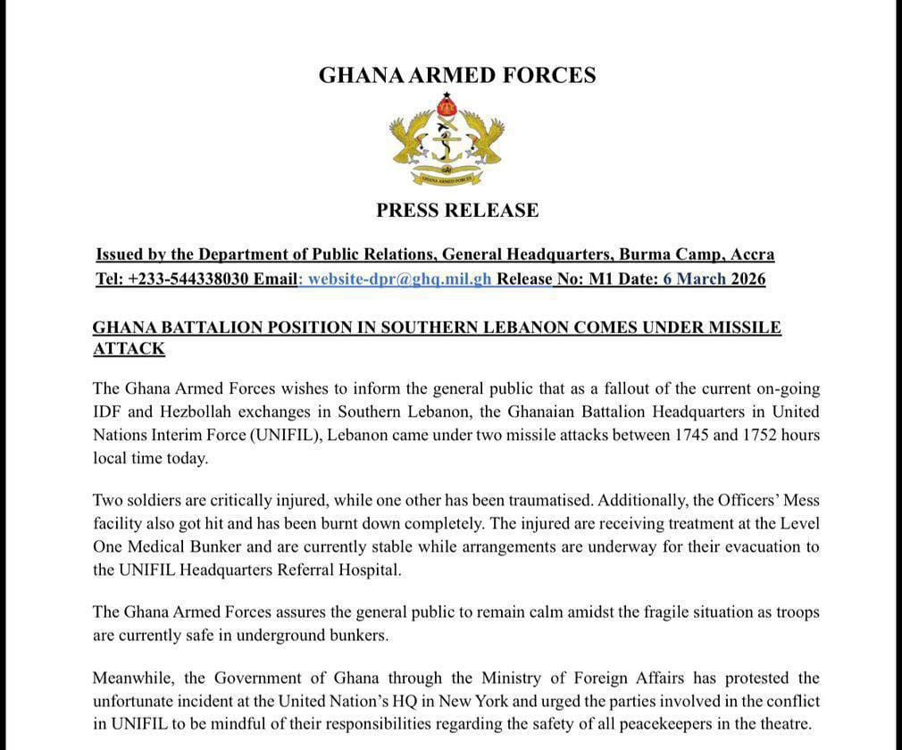 Liban Sud – Le contingent ghanéen de l'ONU touché par des tirs de missiles