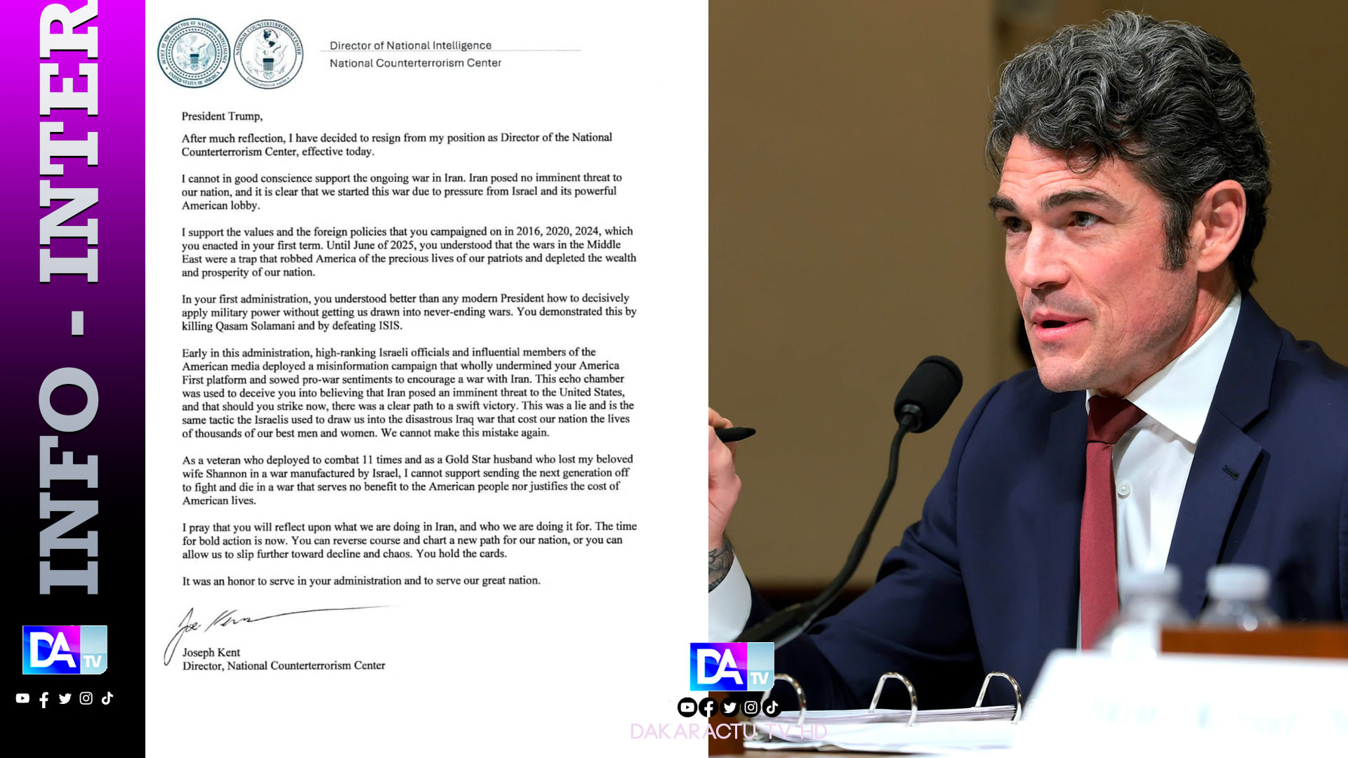 Joe Kent, directeur du NCTC sous le président Trump, démissionne en raison de la guerre en Iran