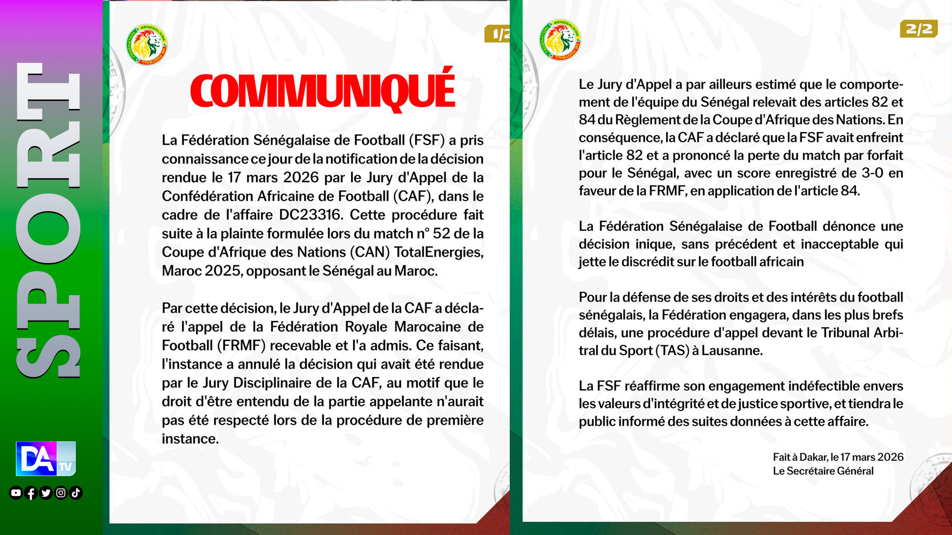 Décision surprenante de la CAF contre le Sénégal : La FSF conteste le forfait et saisit le TAS