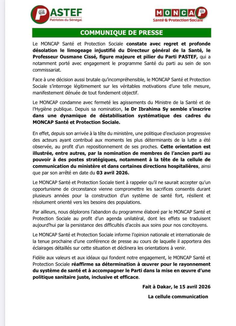 Santé-Limogeage du Pr Ousmane Cissé : le MONCAP Santé dénonce une décision « injustifiée »