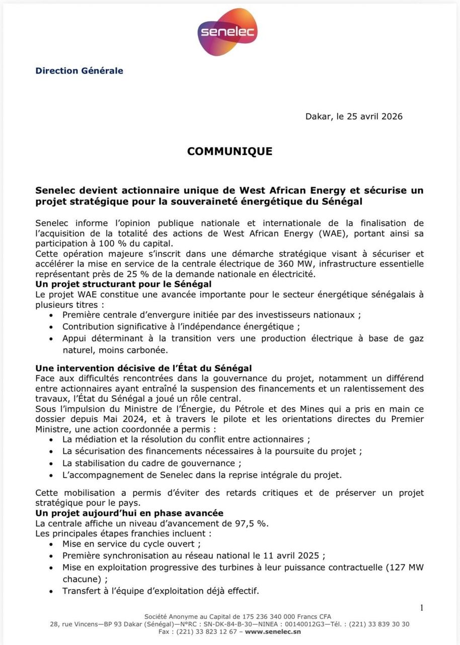 Souveraineté énergétique : La Senelec rachète  à 100 % de West African Energy et sécurise la centrale de 360 MW