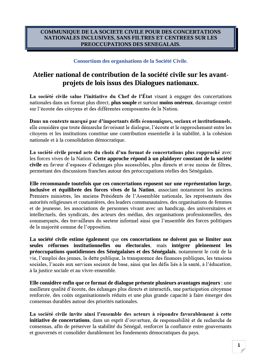 Concertations nationales : La société civile pose ses conditions pour un dialogue sans filtres