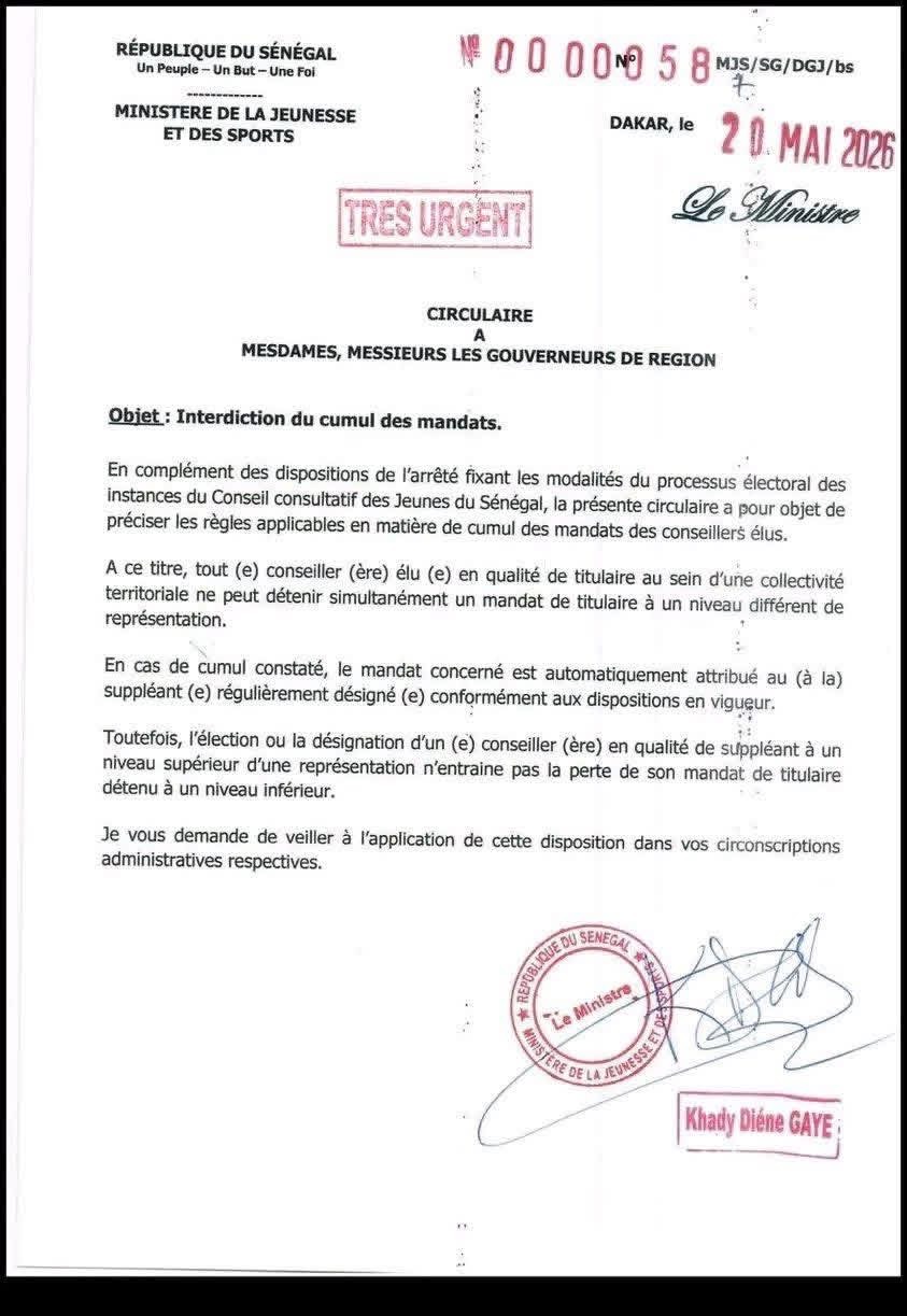 Conseil consultatif des Jeunes du Sénégal (CCJS) : Le ministre de la jeunesse interdit le cumul des mandats