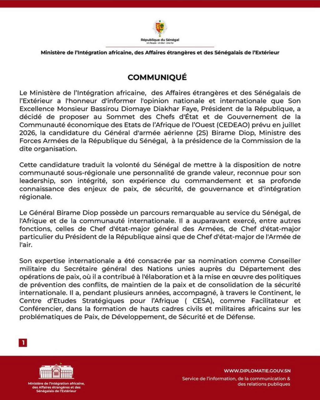 Le Sénégal mise sur le Général Birame Diop pour renforcer la Commission de la CEDEAO