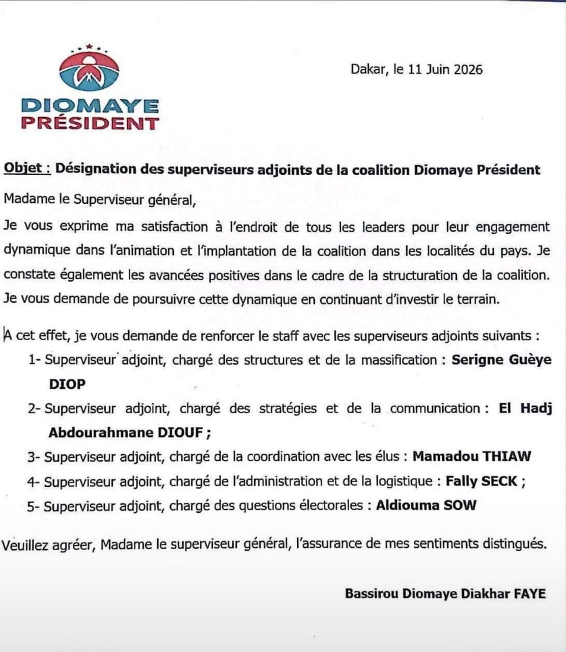 Coalition Diomaye Président : Bassirou Diomaye Faye désigne cinq superviseurs adjoints