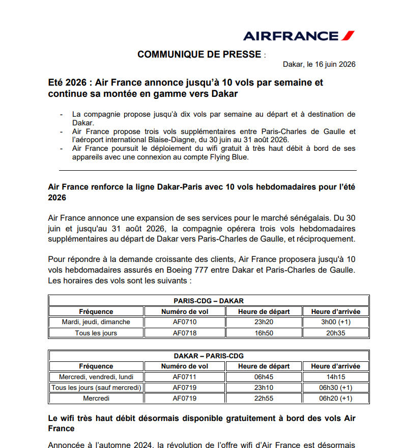 Été 2026 : Air France renforce sa desserte entre Dakar et Paris avec jusqu’à 10 vols par semaine