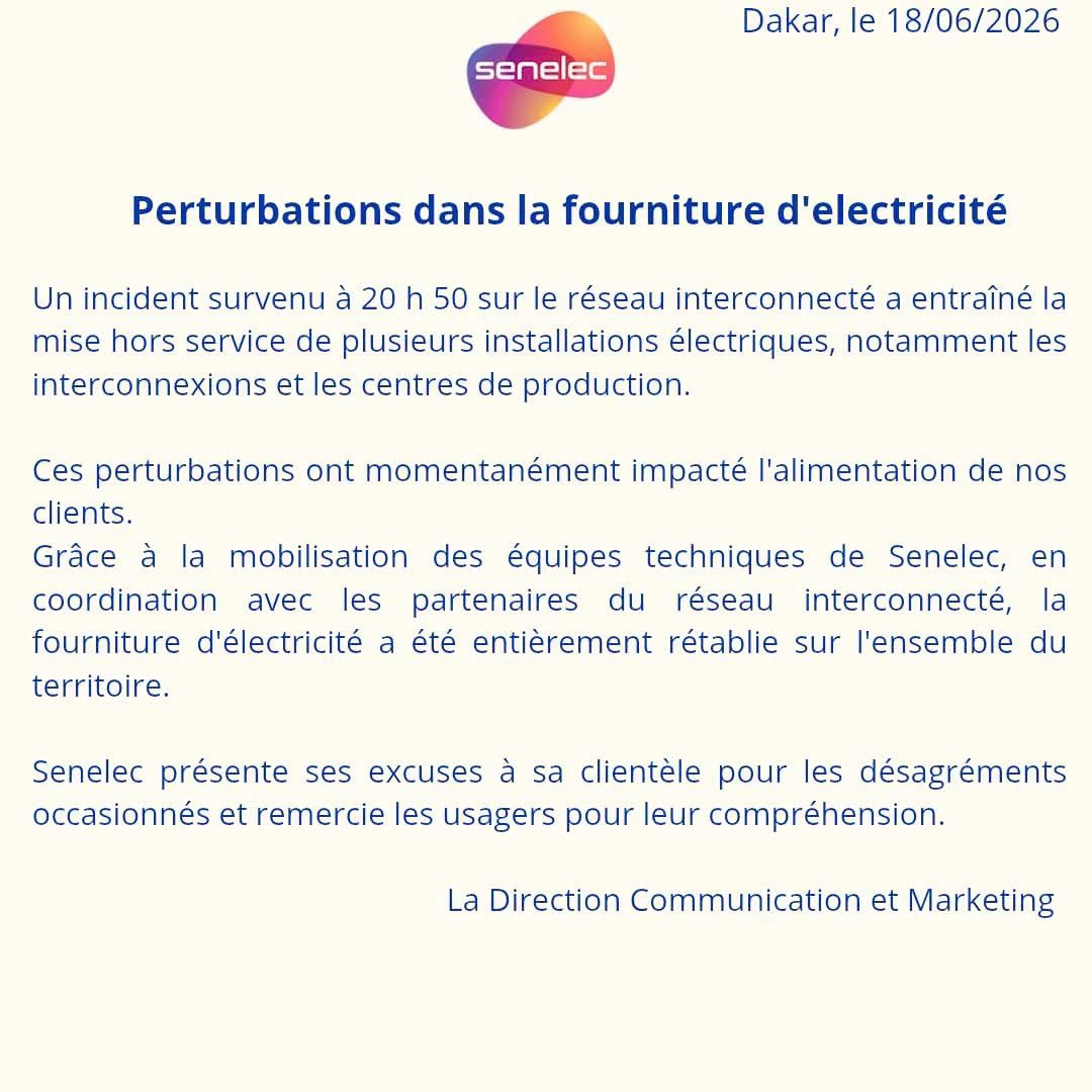 Coupures d’électricité : Senelec rétablit le courant après un incident sur le réseau interconnecté