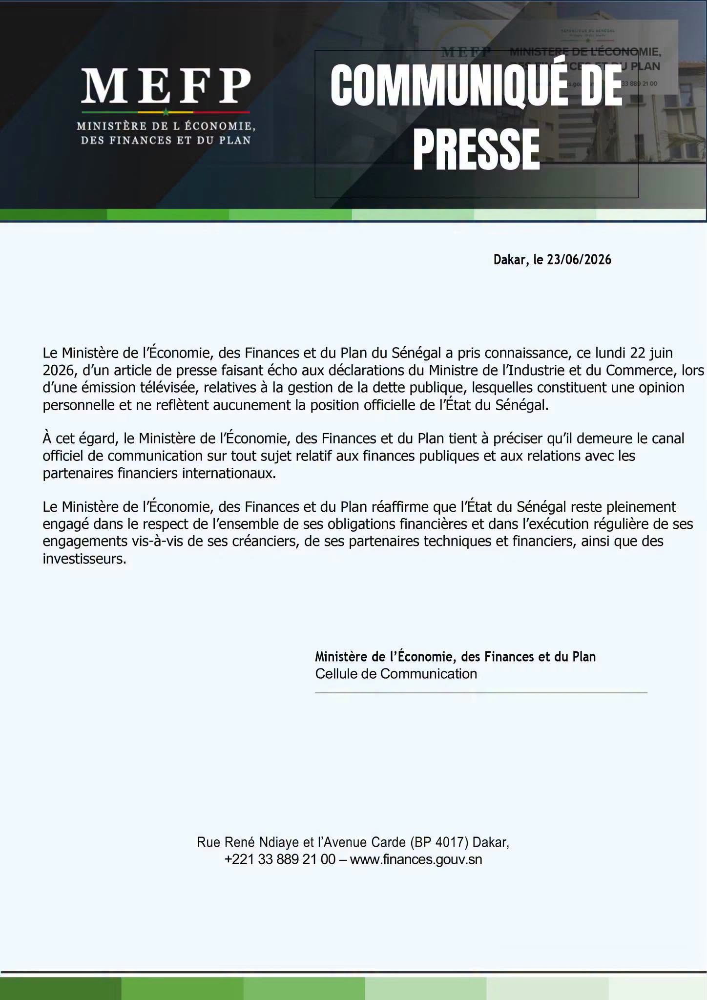 Dette publique : le MEFP dément les propos du Ministre de l’Industrie et du Commerce