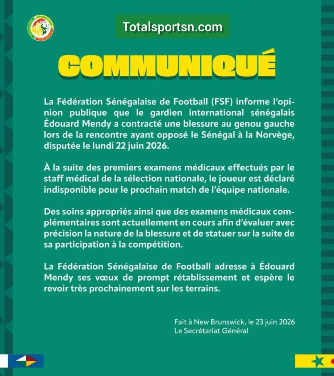 Mondial 2026: « Édouard Mendy blessé au genou est incertain pour la suite du Mondial » (FSF)