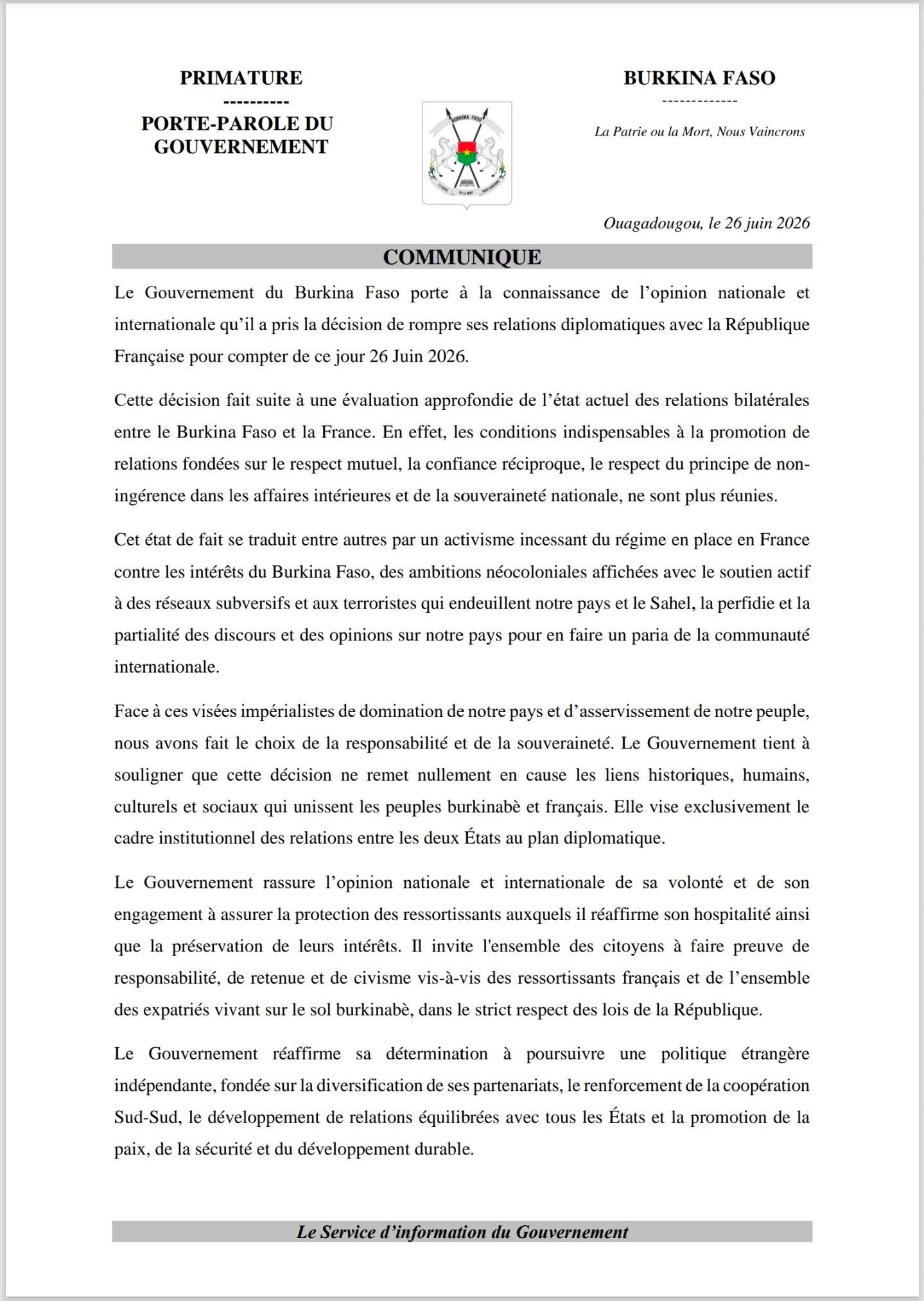Le Burkina Faso annonce «rompre ses relations diplomatiques» avec la France