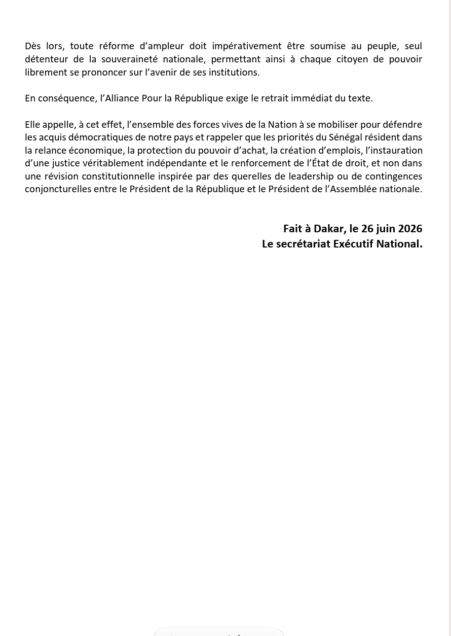 Révision constitutionnelle : l’APR exige le retrait immédiat du texte et alerte sur un « recul démocratique »