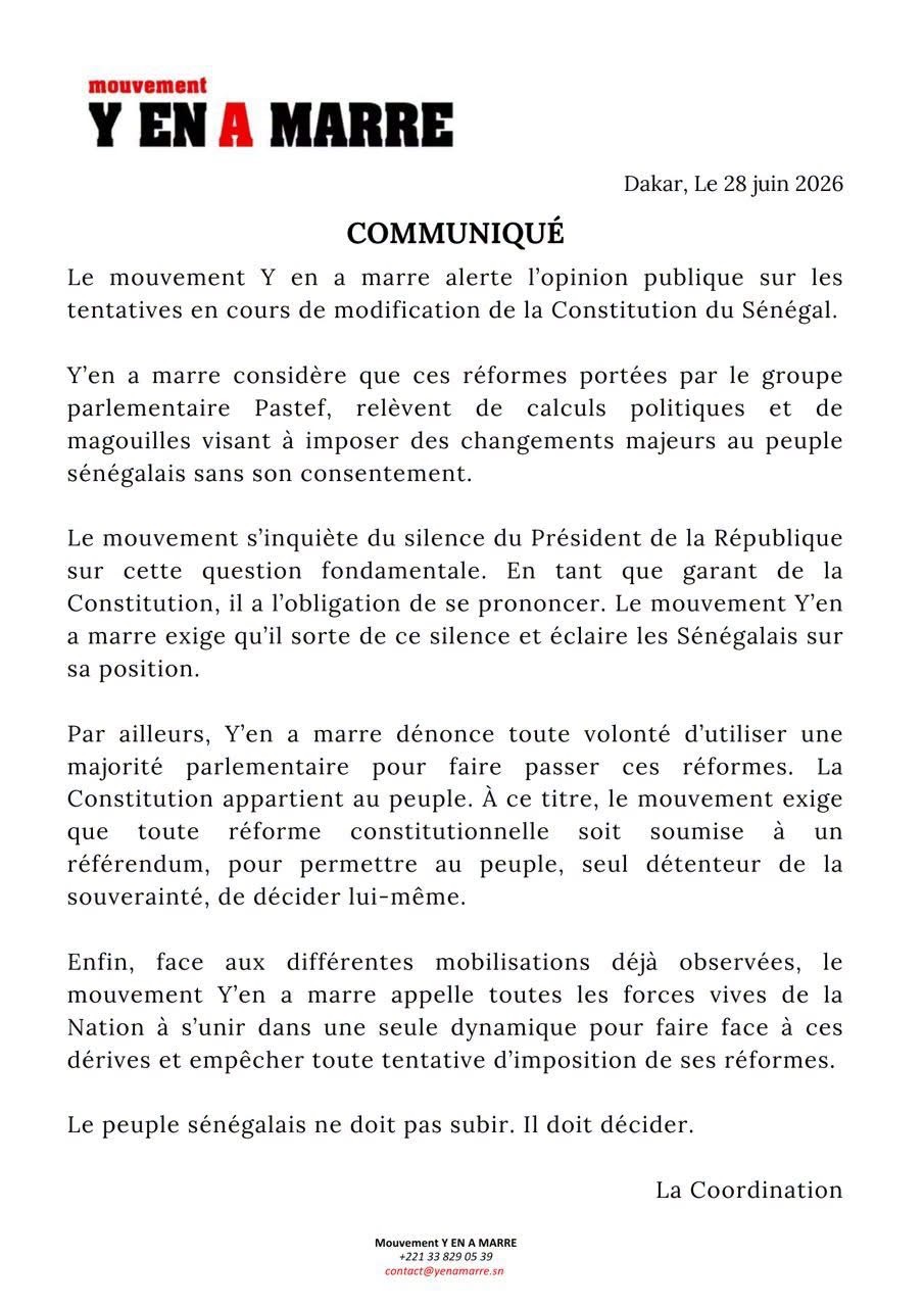 Réformes constitutionnelles : Y’en a marre alerte l’opinion et exige un referendum