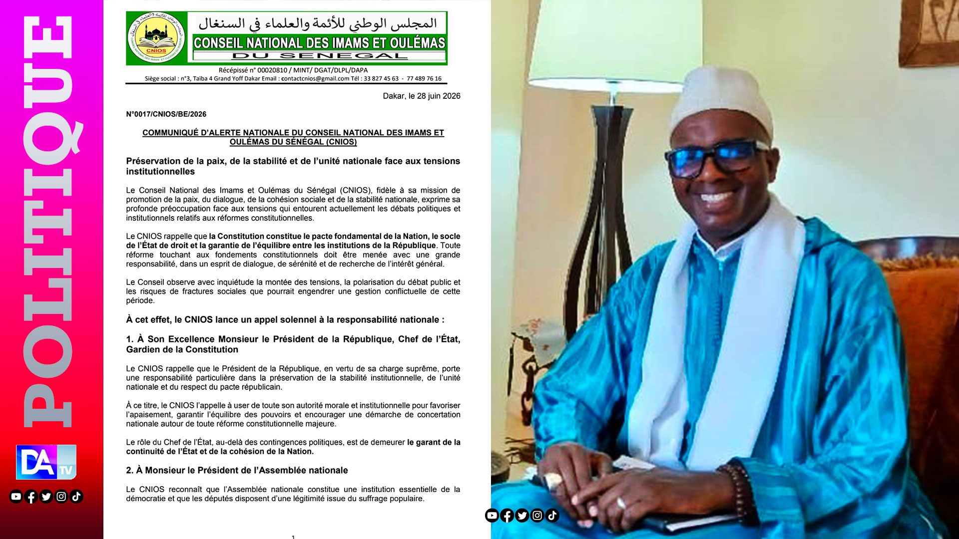 ALERTE NATIONALE DU CONSEIL NATIONAL DES IMAMS ET OULÉMAS DU SÉNÉGAL (CNIOS) : Préservation de la paix, de la stabilité et de l’unité nationale face aux tensions institutionnelles