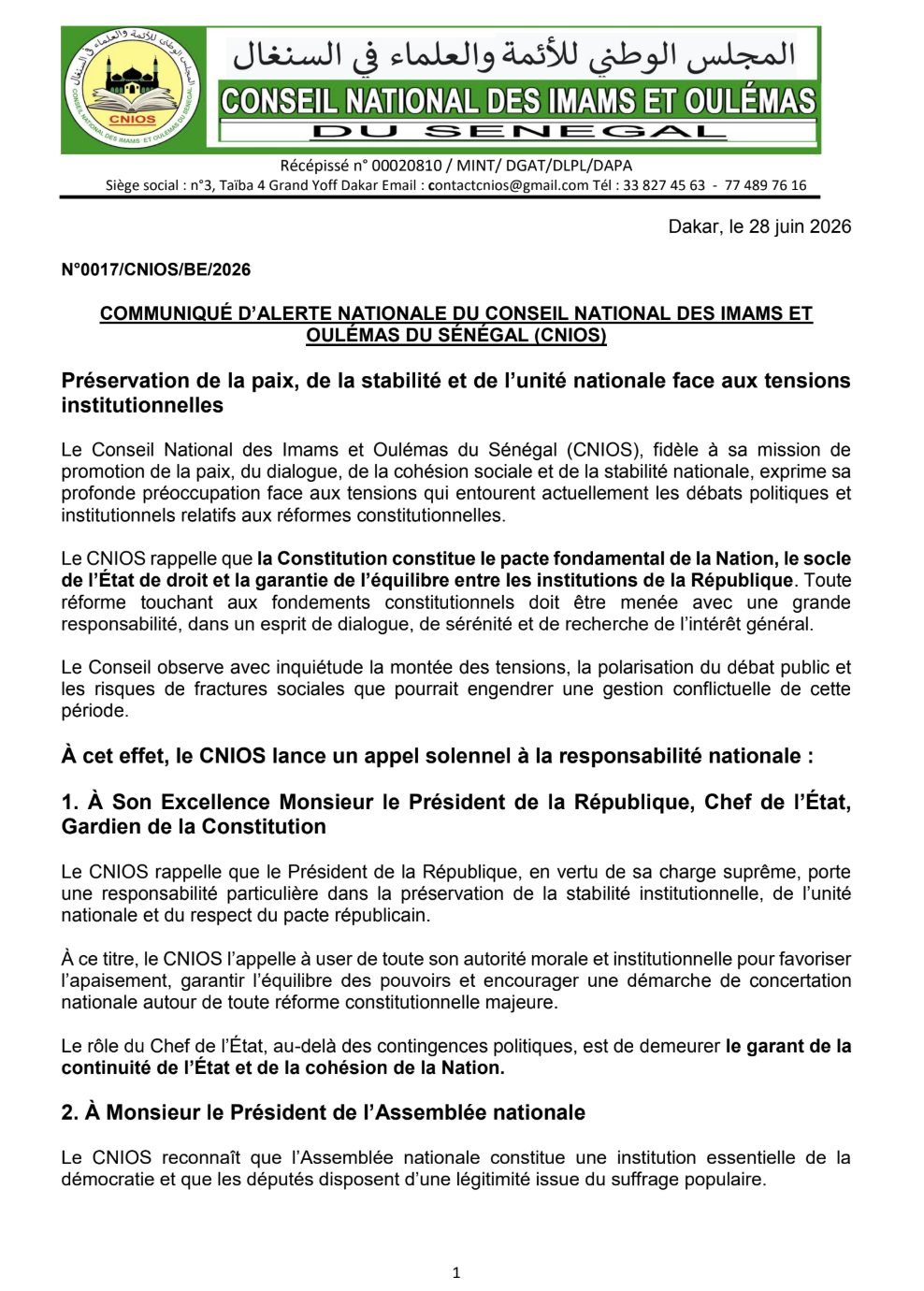 ALERTE NATIONALE DU CONSEIL NATIONAL DES IMAMS ET OULÉMAS DU SÉNÉGAL (CNIOS) : Préservation de la paix, de la stabilité et de l’unité nationale face aux tensions institutionnelles