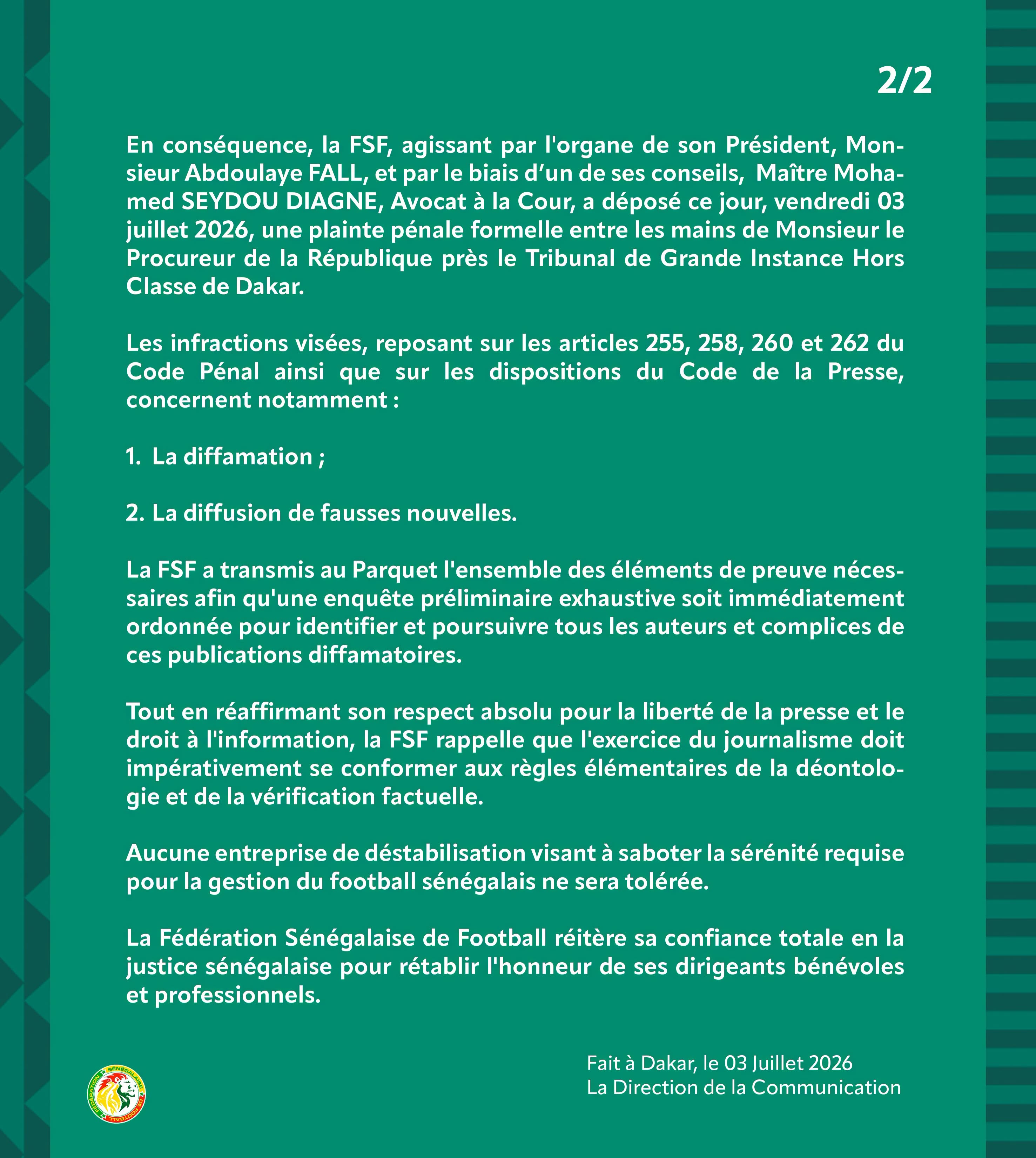« Galante compagnie » au menu : La FSF dépose une plainte pour « laver son honneur »