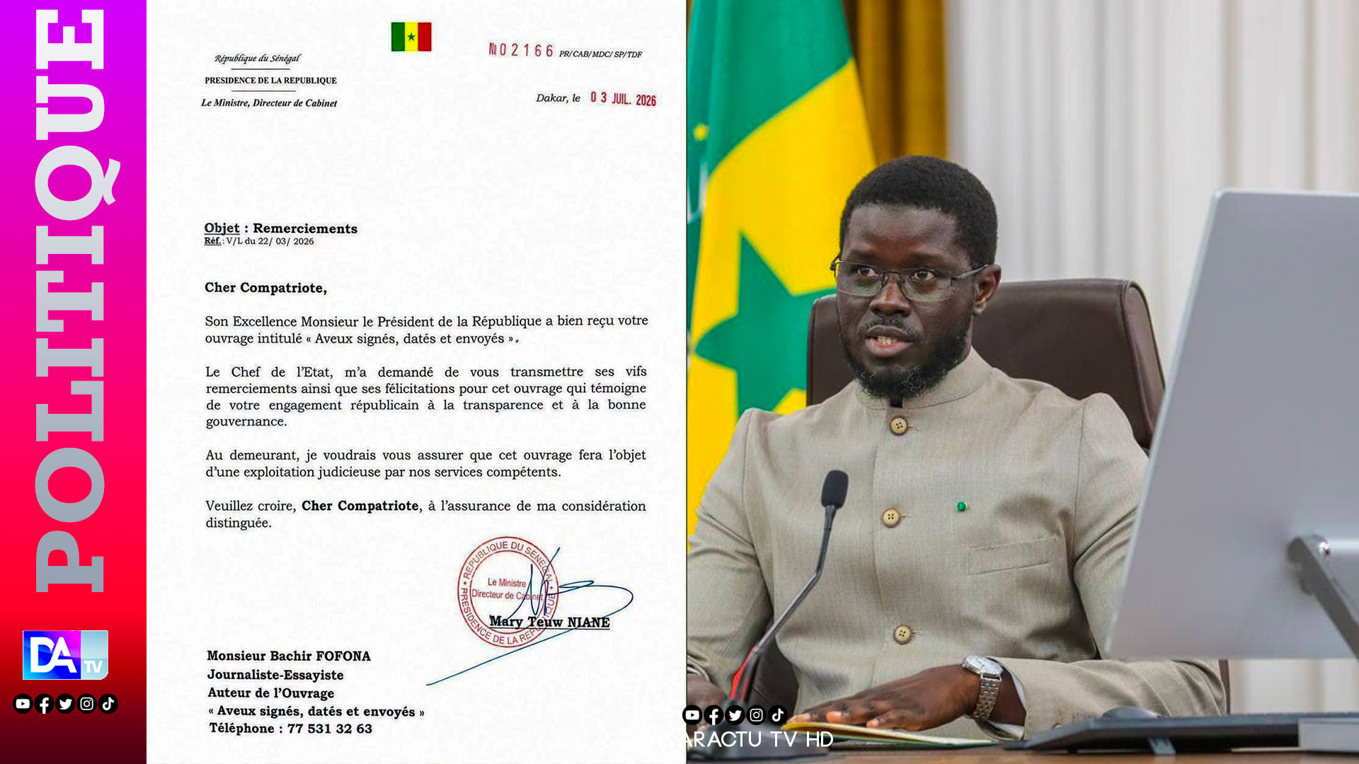 Affaire ASER: Le Président Bassirou Diomaye Faye félicite le journaliste Bachir Fofona pour son ouvrage « Aveux signés, datés et envoyés »