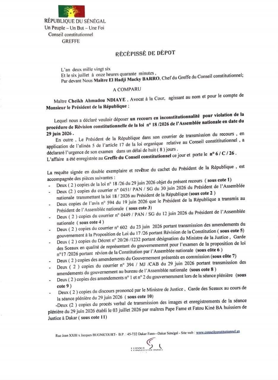 Conseil constitutionnel : le Président de la République Bassirou Diomaye attaque la loi n°18/2026 adoptée par l’Assemblée nationale pour violation de la procédure de Révision constitutionnelle