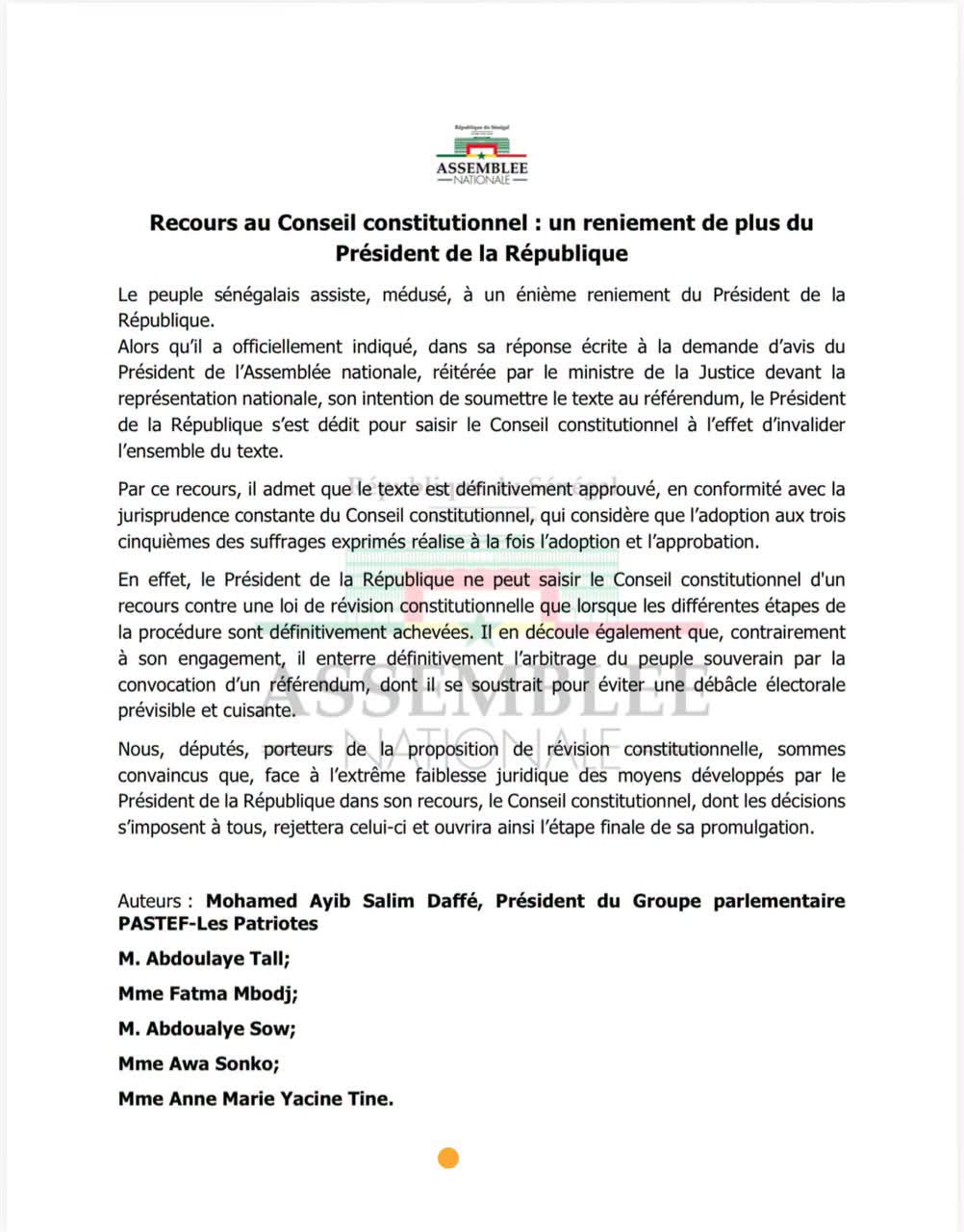 Recours présidentiel sur la révision constitutionnelle :  « Un désaveu de l’engagement référendaire », selon Pastef