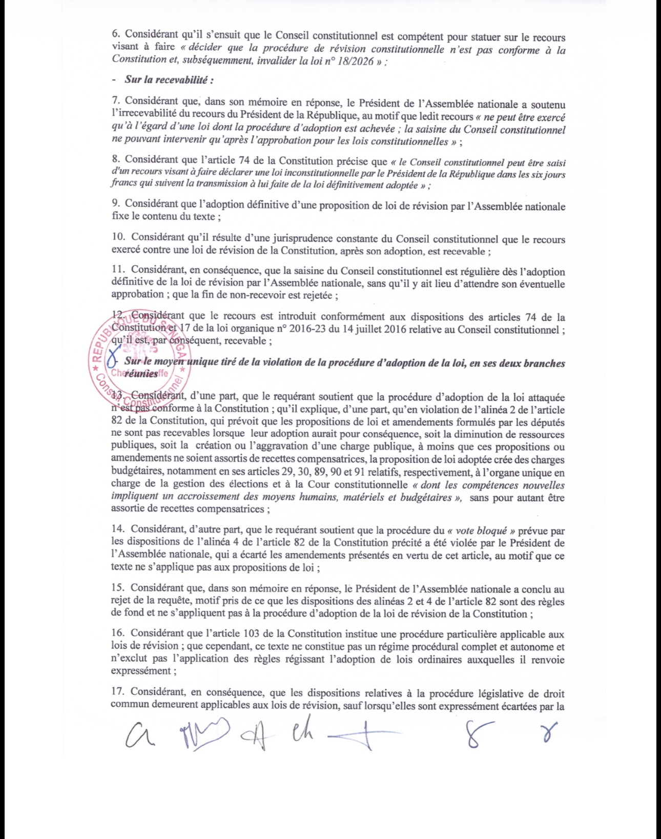 Révision constitutionnelle – Loi n° 18/2026 : les raisons de la censure de la procédure adoptée par l’Assemblée nationale par les « Sages » sont connues