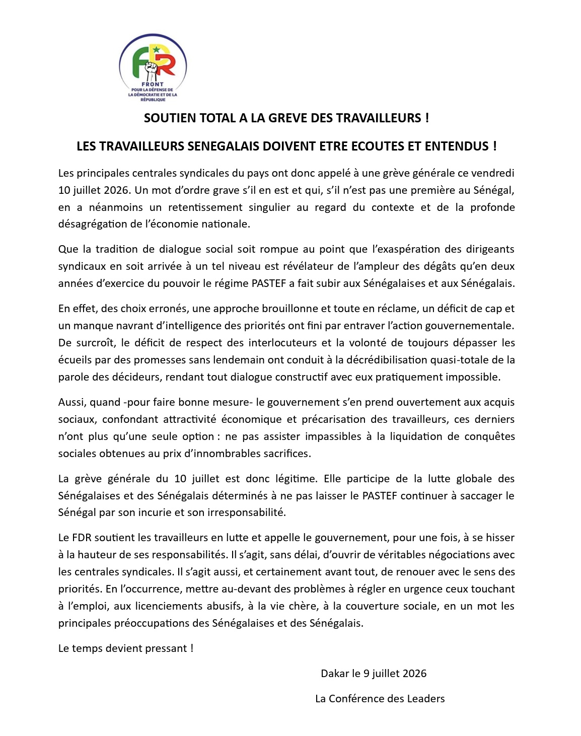 Grève générale du 10 juillet : le FDR apporte son “soutien total” aux travailleurs et interpelle le gouvernement