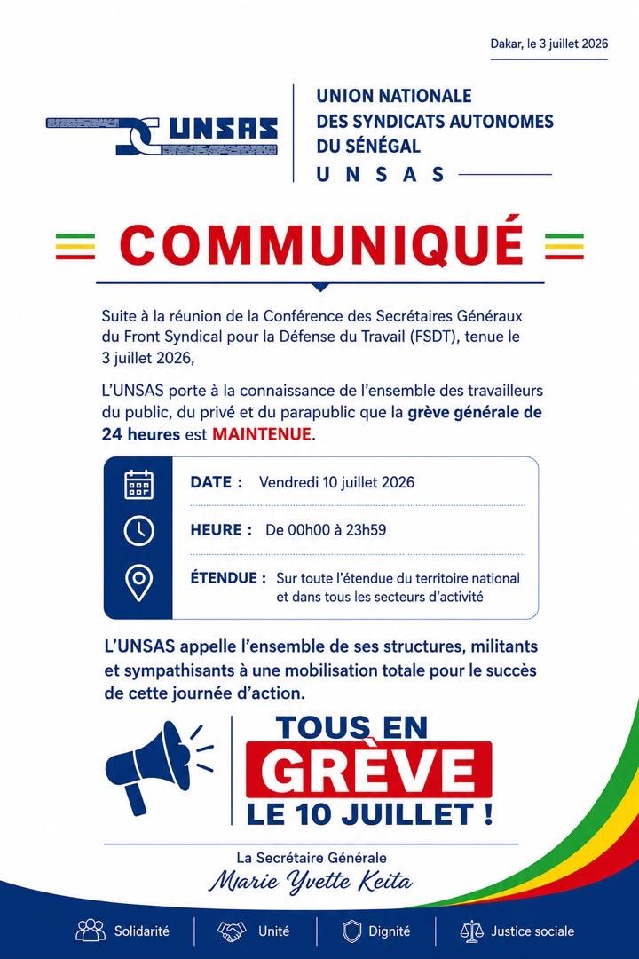 Grève générale du 10 juillet : l’UNSAS maintient le mot d’ordre et appelle à une mobilisation totale