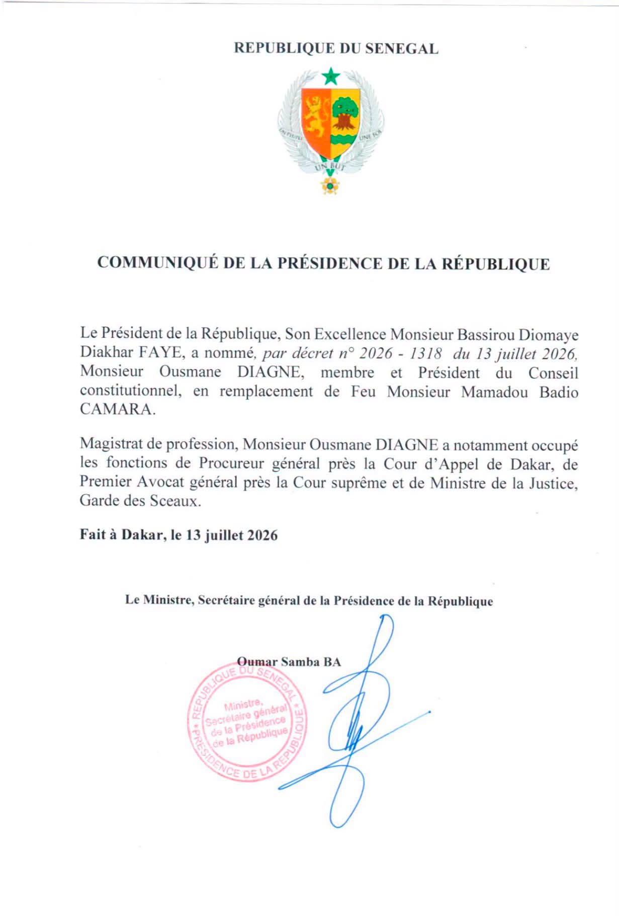 Conseil constitutionnel/Décret présidentiel  : Ousmane Diagne nommé président en remplacement de feu Mamadou Badio Camara