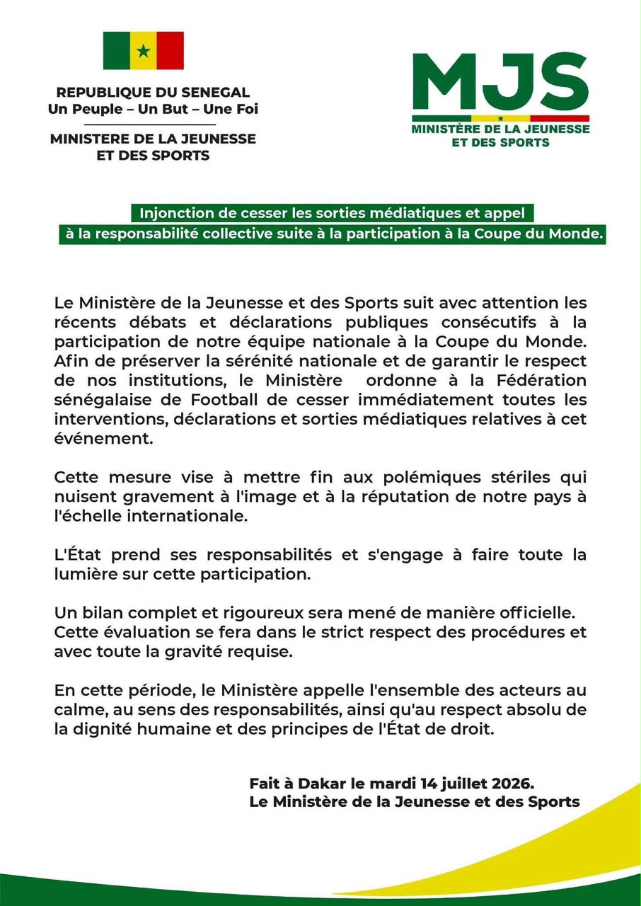 Coupe du Monde : Le Ministère des Sports ordonne à la FSF de cesser toutes ses sorties médiatiques