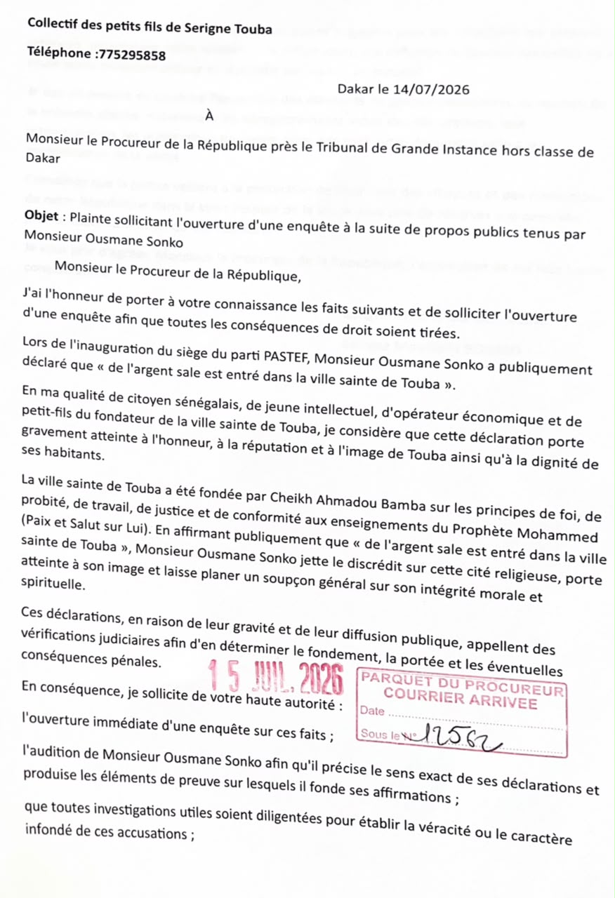 Propos sur « l’argent sale » à Touba : une plainte déposée contre Ousmane Sonko au parquet de Dakar