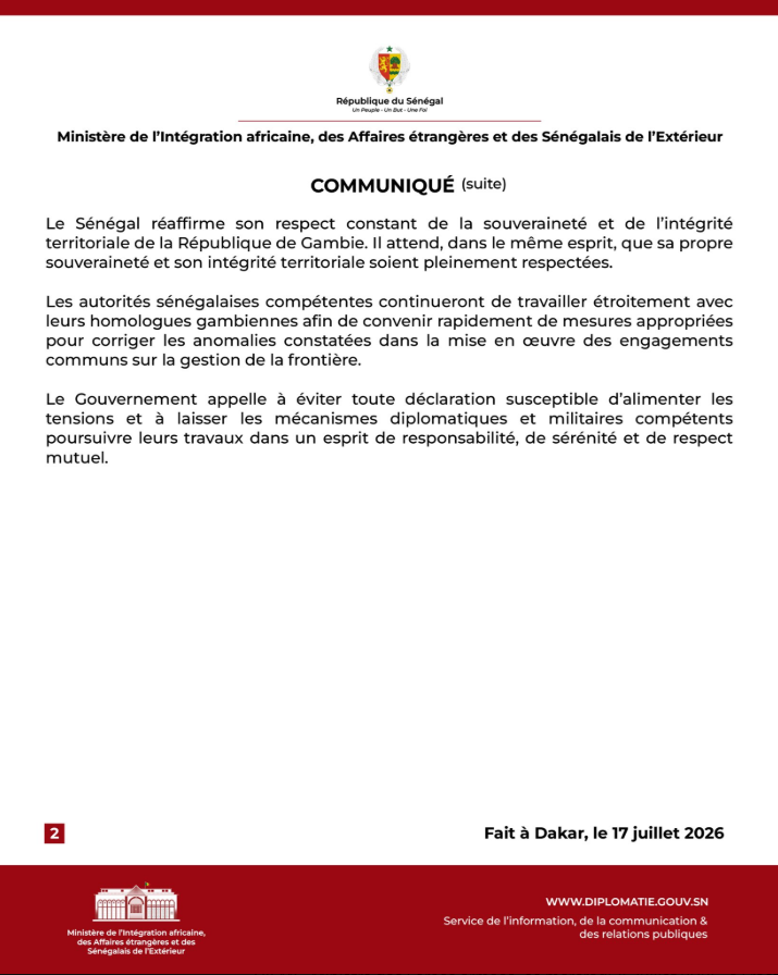 Incident lors de la délimitation de la frontière avec la Gambie : "Le gouvernement sénégalais appelle à éviter toute déclaration susceptible d'alimenter les tensions" (Min. Aff Etrangères)
