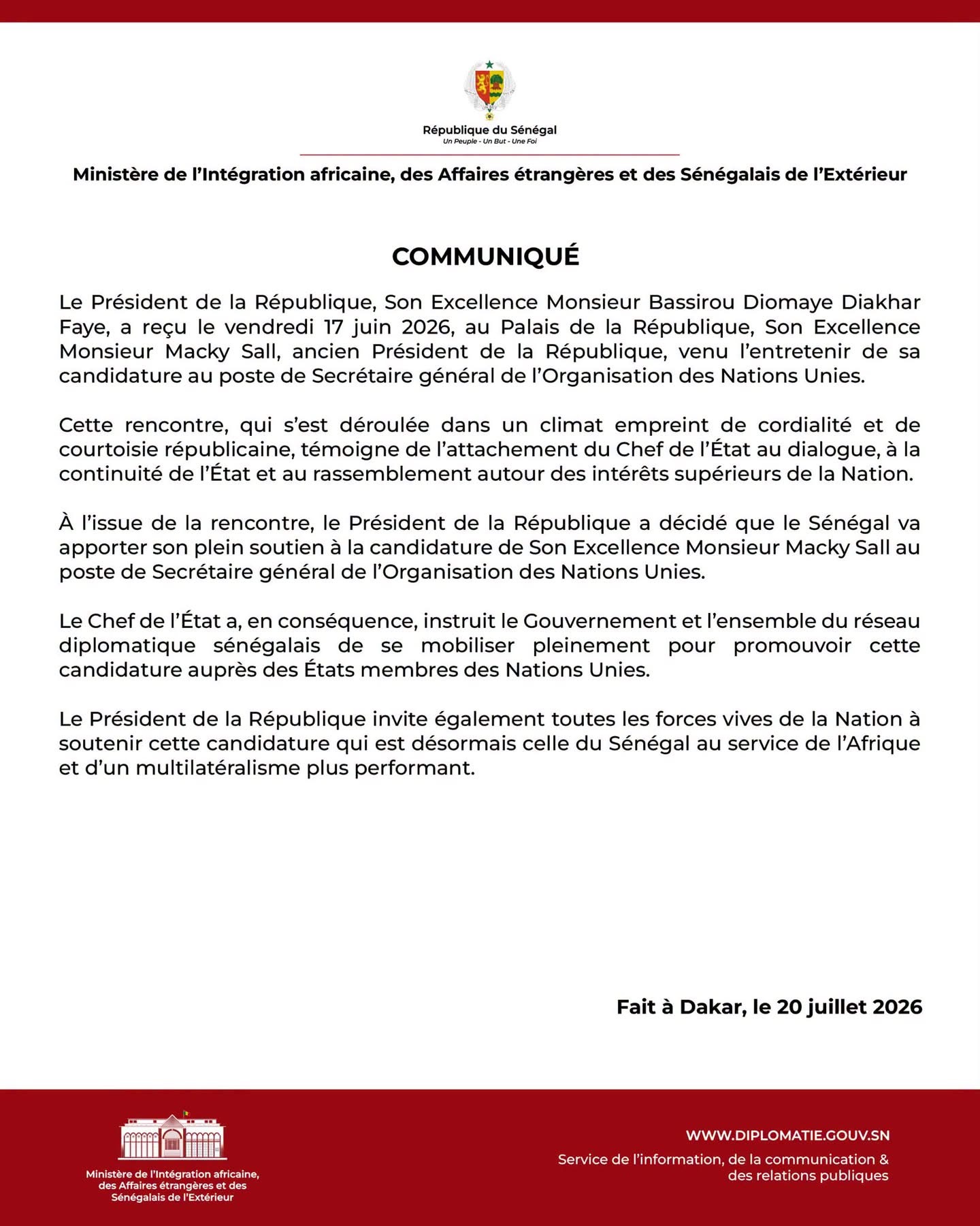 ONU : Le Sénégal apporte officiellement son soutien à la candidature de Macky Sall