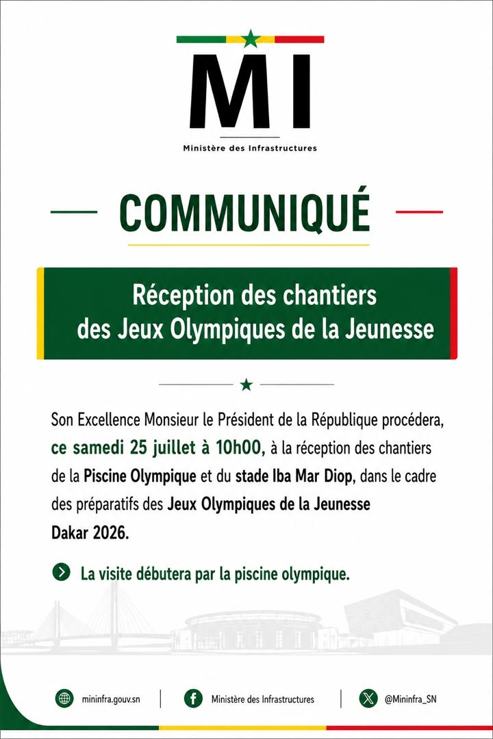 JOJ Dakar 2026 : Le PR Diomaye Faye réceptionne la Piscine olympique et le stade Iba Mar Diop ce samedi