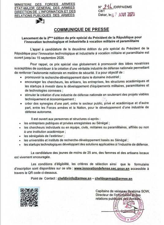 2e Édition Prix Spécial pour l'innovation Technologique à vocation Militaire et Paramilitaire: l'appel à candidatures  ouvert jusqu'au 15 septembre 2026  (DIRPA)