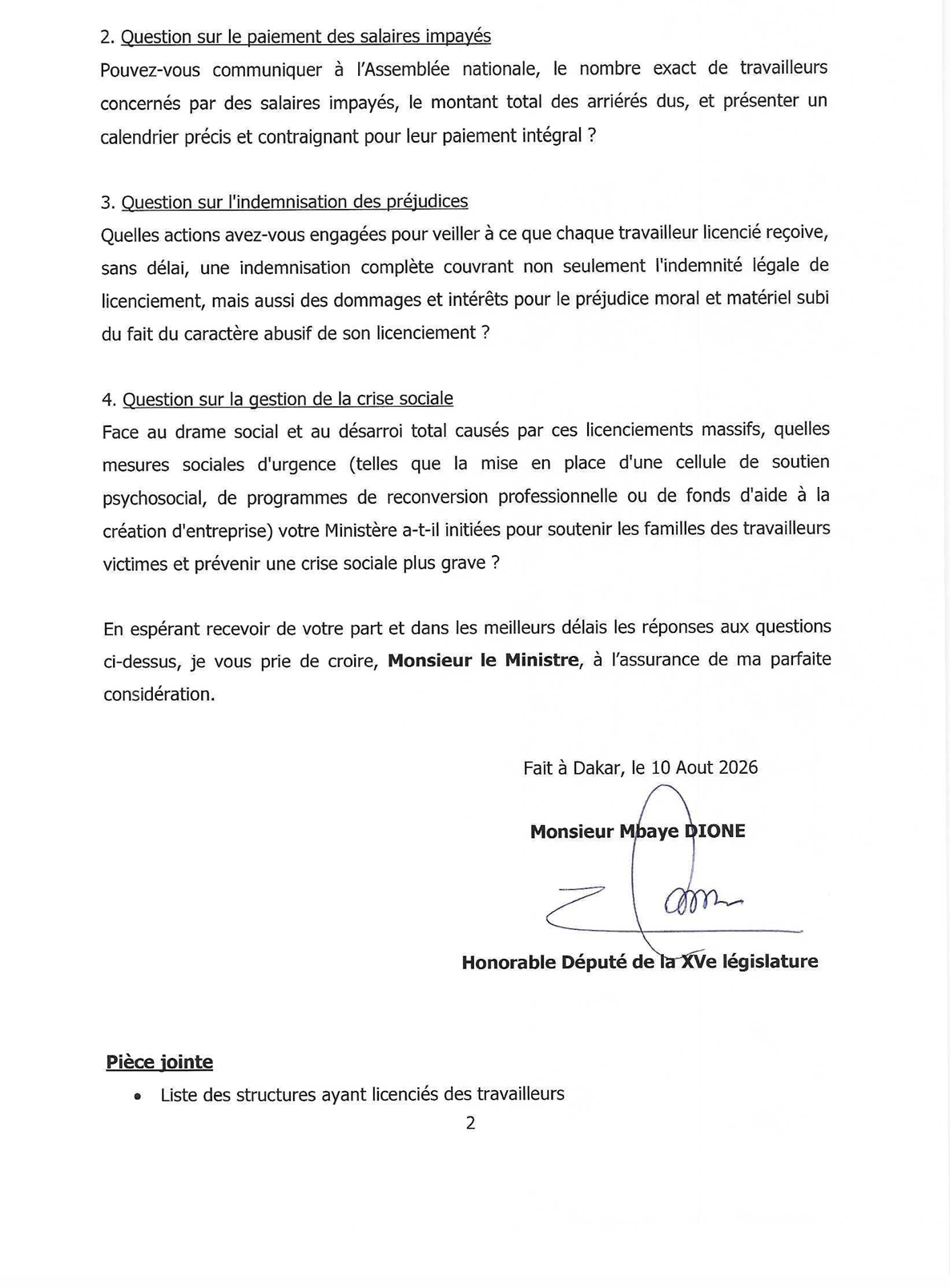 Licenciements massifs dans le public et le parapublic,salaires impayés : le député Mbaye Dione interpelle le ministre Mamadou Lamine Dianté sur plus de 30 000 emplois perdus