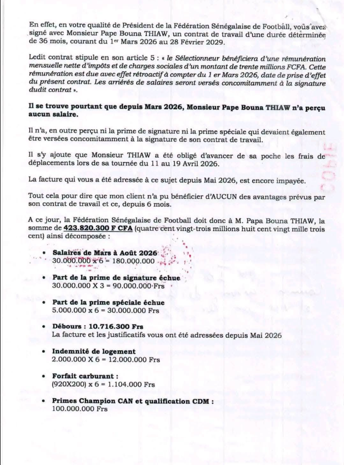 Pape Bouna Thiaw réclame 423,8 millions FCFA à la FSF : six mois de salaires et plusieurs primes impayés
